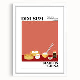 Abstract art prints featuring assorted food dishes in vibrant colors on a white framed poster.