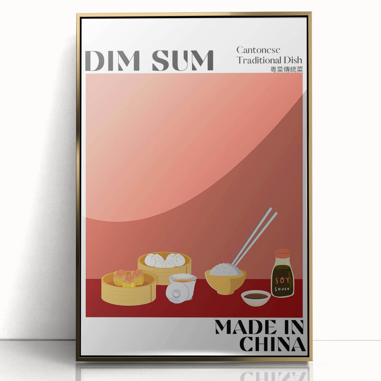 Framed acrylic print of assorted food dishes in a mid-century modernist style, using muted earth tones.