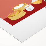 Art deco poster featuring an array of colorful food dishes on a rolled canvas, ideal for dining room decor.