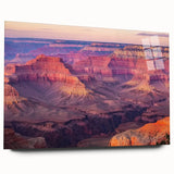 Landscape acrylic glass artwork showcasing a vibrant canyon scene with rich colors and intricate details, ideal for modern decor. The side view highlights its sleek design and absence of pins, making it a striking focal point for any room.