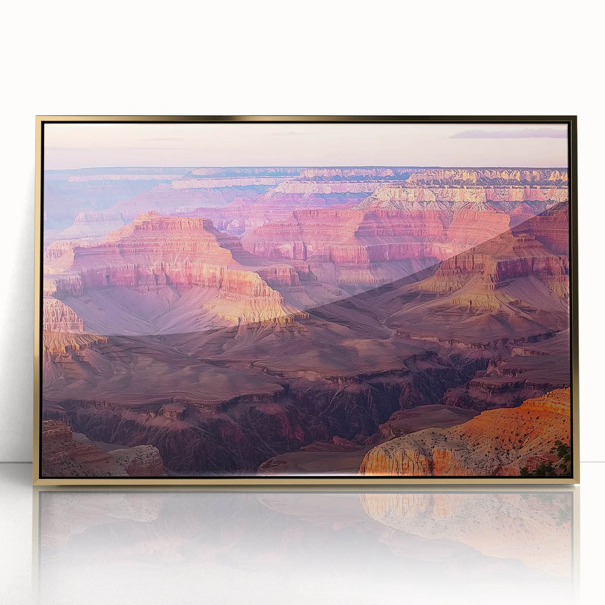 Framed acrylic artwork showcasing a stunning landscape of canyons with rich golden hues. Perfect for enhancing modern decor, adding depth and elegance to any space.