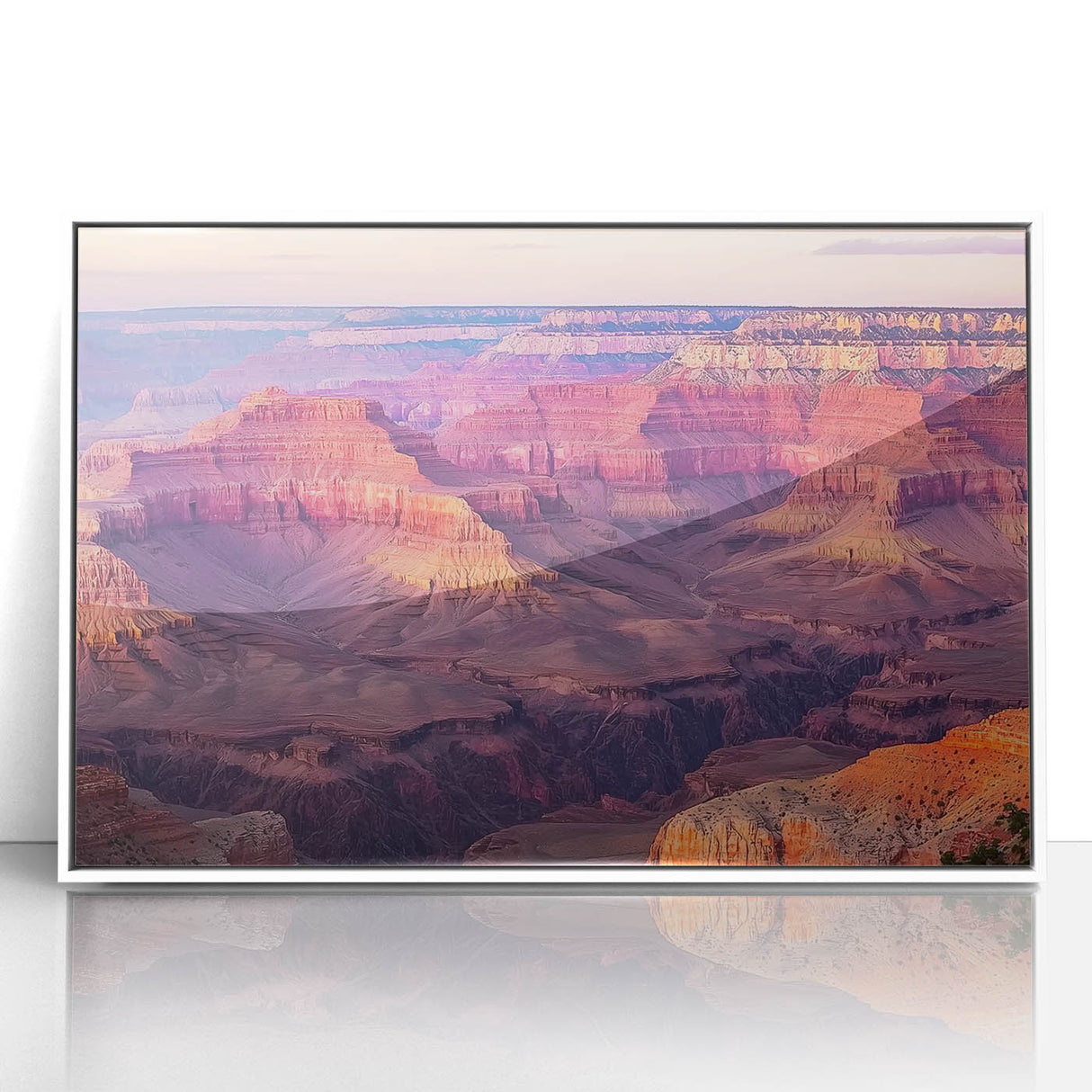 Framed acrylic artwork showcasing a stunning landscape of canyons, with vibrant colors and intricate details, set in a sleek white frame, ideal for modern decor.