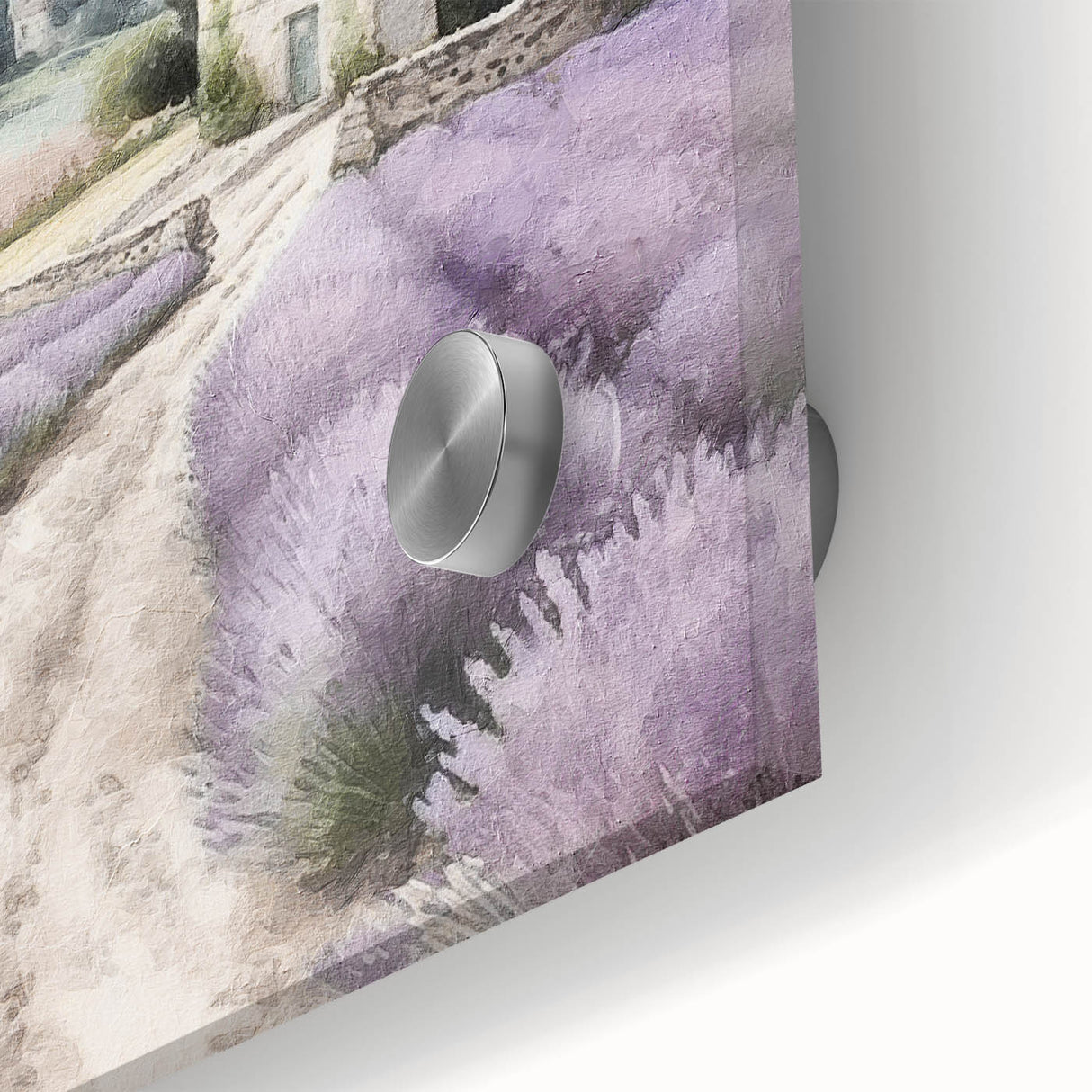 Close-up of vibrant acrylic glass wall art depicting a serene countryside landscape with lush greenery and a bright blue sky, perfect for home decor.