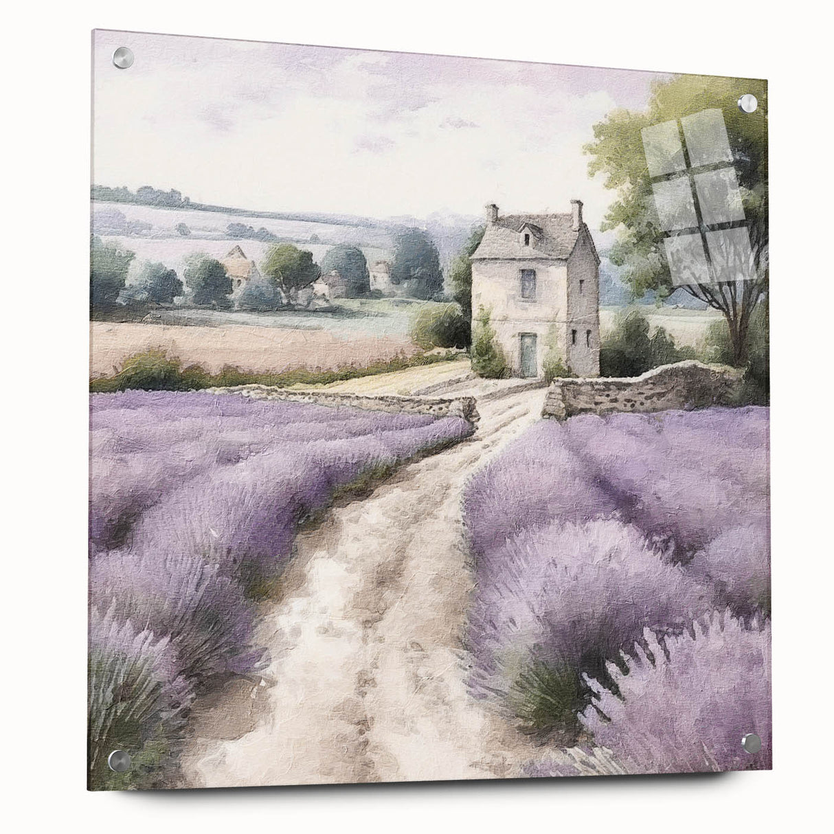 Landscape wall art depicting a serene countryside scene, elegantly displayed in a side view with acrylic glass and pin mounts, enhancing any modern decor.