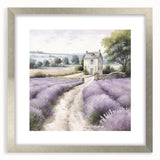 Landscape wall art depicting a serene countryside scene, framed in silver with a mat. The image showcases vibrant greenery and a tranquil sky, perfect for home decor.