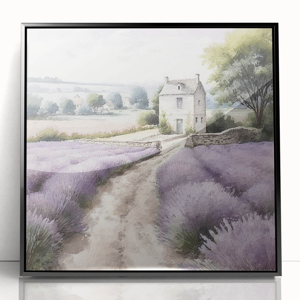 Framed acrylic wall art showcasing a serene countryside landscape with vibrant green fields and a blue sky, presented in a sleek black frame for modern decor.