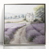 Framed acrylic wall art displaying a serene countryside landscape, featuring lush green fields and a clear blue sky, perfect for home decor. Silver frame enhances the artwork's elegance while adding a modern touch to any room.