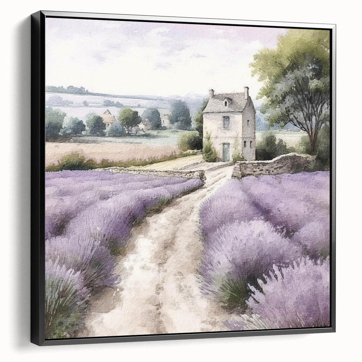 Framed canvas wall art depicting a serene countryside landscape with rolling hills and vibrant greenery, complemented by a sleek black frame, ideal for home decor.
