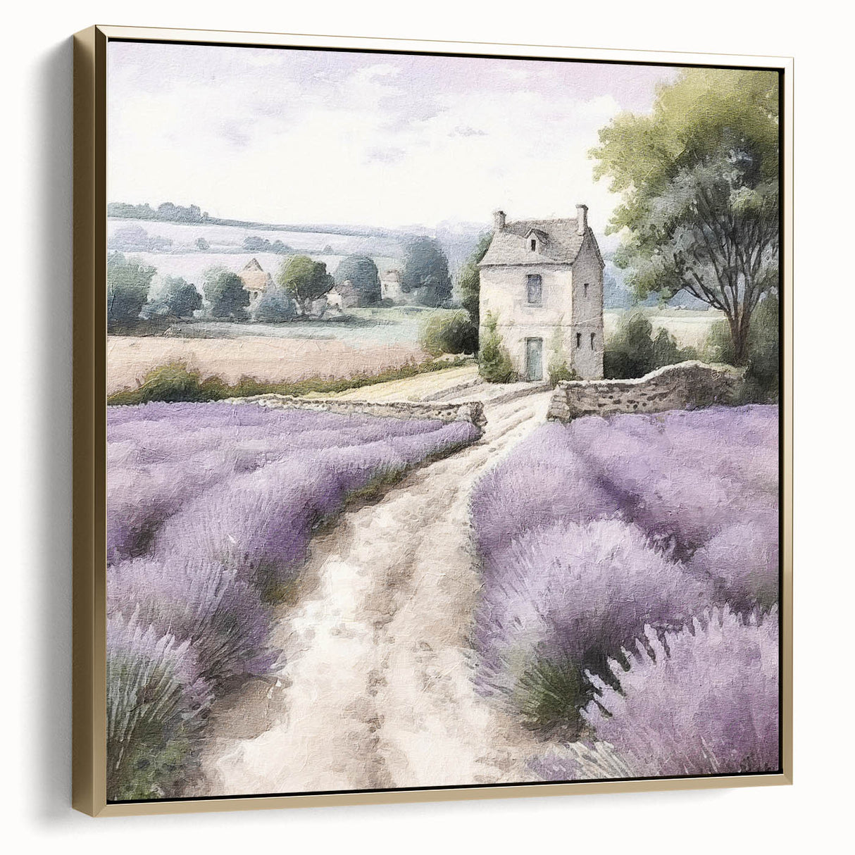Framed landscape wall art featuring a serene countryside scene with vibrant greenery and a sunset sky, enhanced with silver and gold accents for elegance.