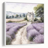 Framed canvas wall art depicting a serene countryside landscape, featuring lush green fields and a bright blue sky, ideal for home decor.