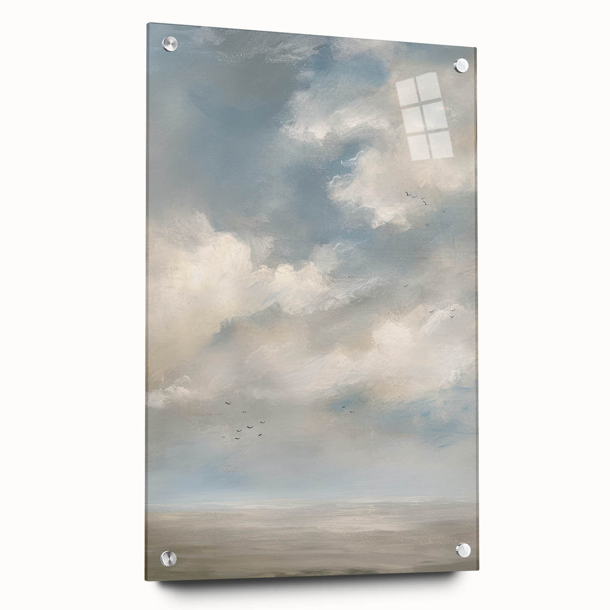 Acrylic glass landscape artwork showcasing vibrant colors and intricate details, mounted with pins for stability, perfect for modern home decor.