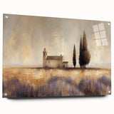 Side view of a vibrant acrylic landscape artwork depicting a serene countryside scene, framed in glass and featuring decorative pins for display. The piece showcases lush green fields and a clear blue sky, ideal for enhancing home decor with a nature-inspired aesthetic.