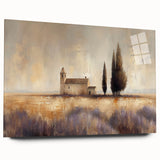 Acrylic glass artwork showcasing a vibrant countryside landscape with rolling hills, lush greenery, and a serene sky, presented in a sleek side view without pins. Ideal for home decor and art enthusiasts.