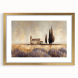 Elegant gold-framed landscape artwork showcasing a serene countryside scene with lush greenery and rolling hills, enhanced by a white mat border.