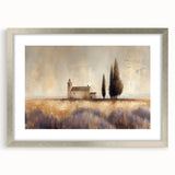 Framed landscape artwork showcasing a serene countryside scene, featuring vibrant greens and a silver mat, perfect for home decor or office settings.