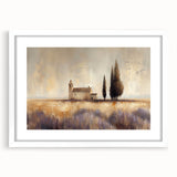 Framed landscape artwork showcasing a serene countryside scene, highlighted by a white mat and contemporary frame, perfect for home decor and interior design.