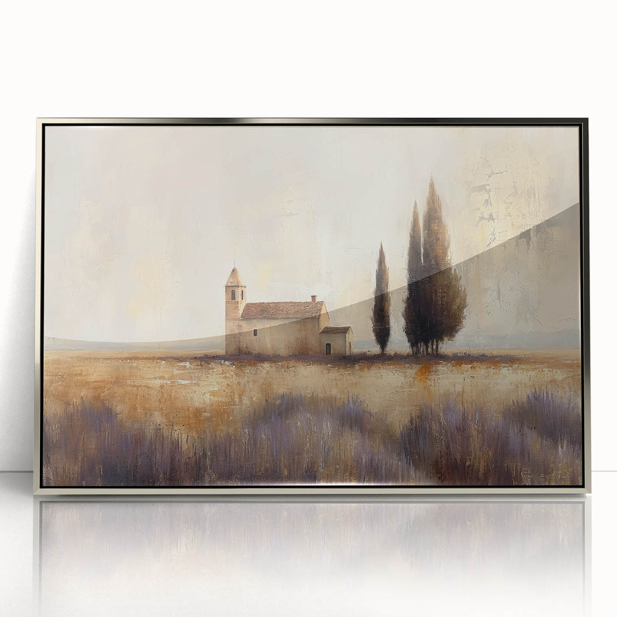 Framed acrylic artwork showcasing a serene countryside landscape with rolling hills and vibrant greenery, accented by a sleek silver frame, perfect for home decor.