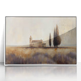 Framed acrylic landscape artwork depicting a serene countryside scene with vibrant green fields and a clear blue sky, elegantly presented in a modern white frame.