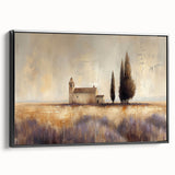 Framed canvas artwork showcasing a serene countryside landscape, featuring lush green fields and a vibrant sunset, presented in a sleek black frame for an elegant display.