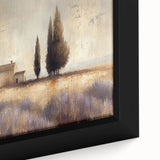 Close-up of a framed canvas depicting a serene countryside landscape, showcasing vibrant greens and soft blue skies, perfect for home decor and nature lovers.