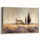 Framed canvas artwork showcasing a serene countryside landscape with lush greenery and a golden frame, ideal for enhancing home decor and creating a tranquil atmosphere.