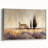 Framed canvas artwork depicting a serene countryside landscape with rolling hills and a vibrant sunset, featuring a sleek silver frame that enhances its elegance. Ideal for home decor or art enthusiasts seeking to add a touch of nature to their interiors.