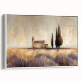 Framed canvas artwork depicting a serene countryside landscape with lush greenery and rolling hills, presented in a white frame from a side view, ideal for home decor.