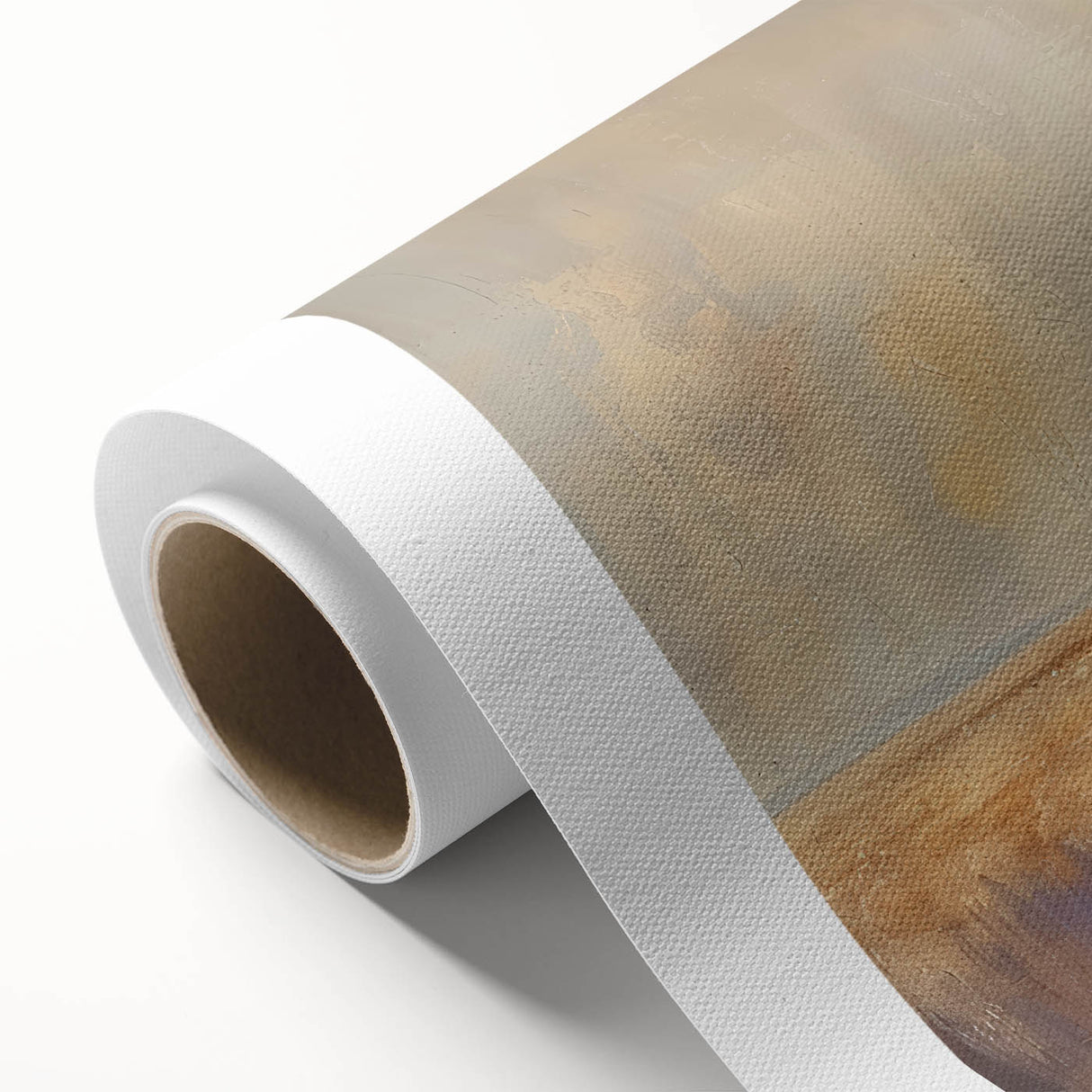 Rolled canvas artwork showcasing a vibrant countryside landscape with rolling hills and a clear blue sky, elegantly packaged in a protective cardboard tube for safe shipping.