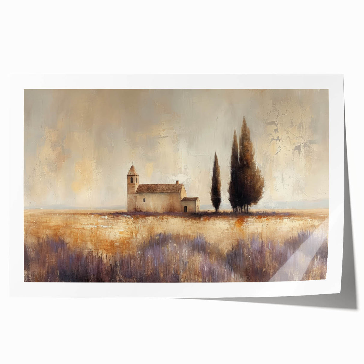 Countryside landscape rolled print showcasing vibrant green fields and a serene blue sky, elegantly packaged in a protective cardboard tube for easy shipping and display.