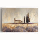 Stretched canvas artwork depicting a serene countryside landscape with rolling hills, vibrant green fields, and a clear blue sky, perfect for home decor.