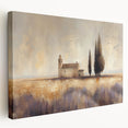 Stretched canvas artwork depicting a serene countryside landscape with vibrant green fields and a soft blue sky, showcasing a peaceful rural setting ideal for home decor.
