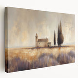 Stretched canvas artwork depicting a serene countryside landscape with vibrant green fields and a soft blue sky, showcasing a peaceful rural setting ideal for home decor.