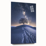 Desert landscape artwork displayed in acrylic glass, showcasing vibrant hues of orange and blue, with a modern side view design that enhances any decor.