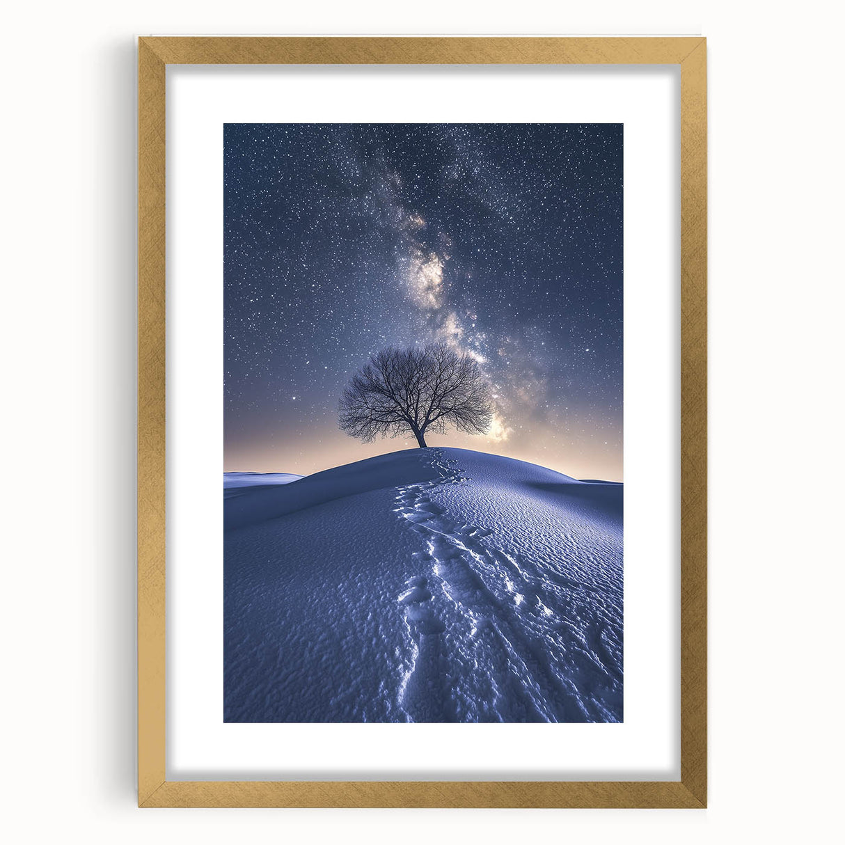 Elegant gold-framed desert landscape artwork with a mat, showcasing vibrant colors and intricate details, perfect for home decor or gallery displays.