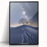 Framed acrylic artwork showcasing a vibrant desert landscape with striking color contrasts, set in a sleek black frame, perfect for modern home decor.