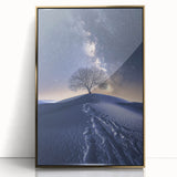 Framed acrylic artwork showcasing a stunning desert landscape with vibrant gold accents, ideal for modern home decor, capturing the essence of arid beauty.