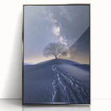 Framed acrylic artwork depicting a vibrant desert landscape, showcasing rich earth tones and dramatic sky hues, perfect for modern home decor.