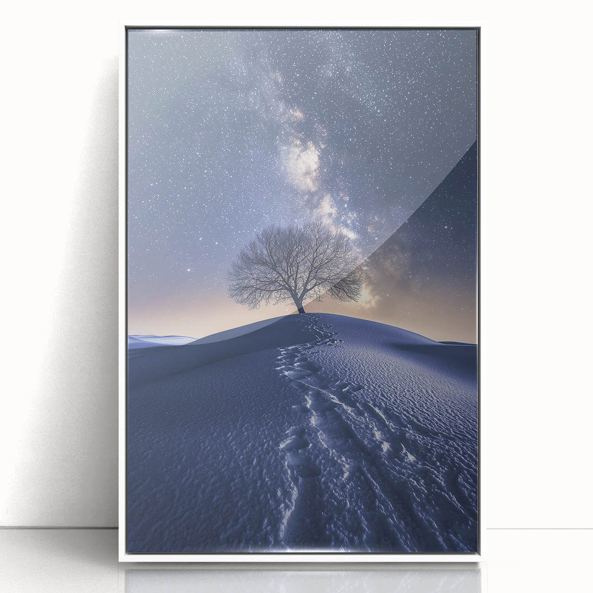 Framed acrylic artwork showcasing a stunning desert landscape, featuring vibrant hues of orange and yellow with intricate details, perfect for home decor.