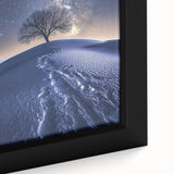 Close-up of a desert landscape framed canvas, showcasing vibrant sandy dunes under a clear blue sky, perfect for enhancing modern home decor with a serene natural aesthetic.