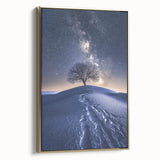 Framed canvas print showcasing a stunning desert landscape with golden hues, ideal for modern home decor. The artwork features intricate details and a sleek side view, perfect for enhancing any interior space.