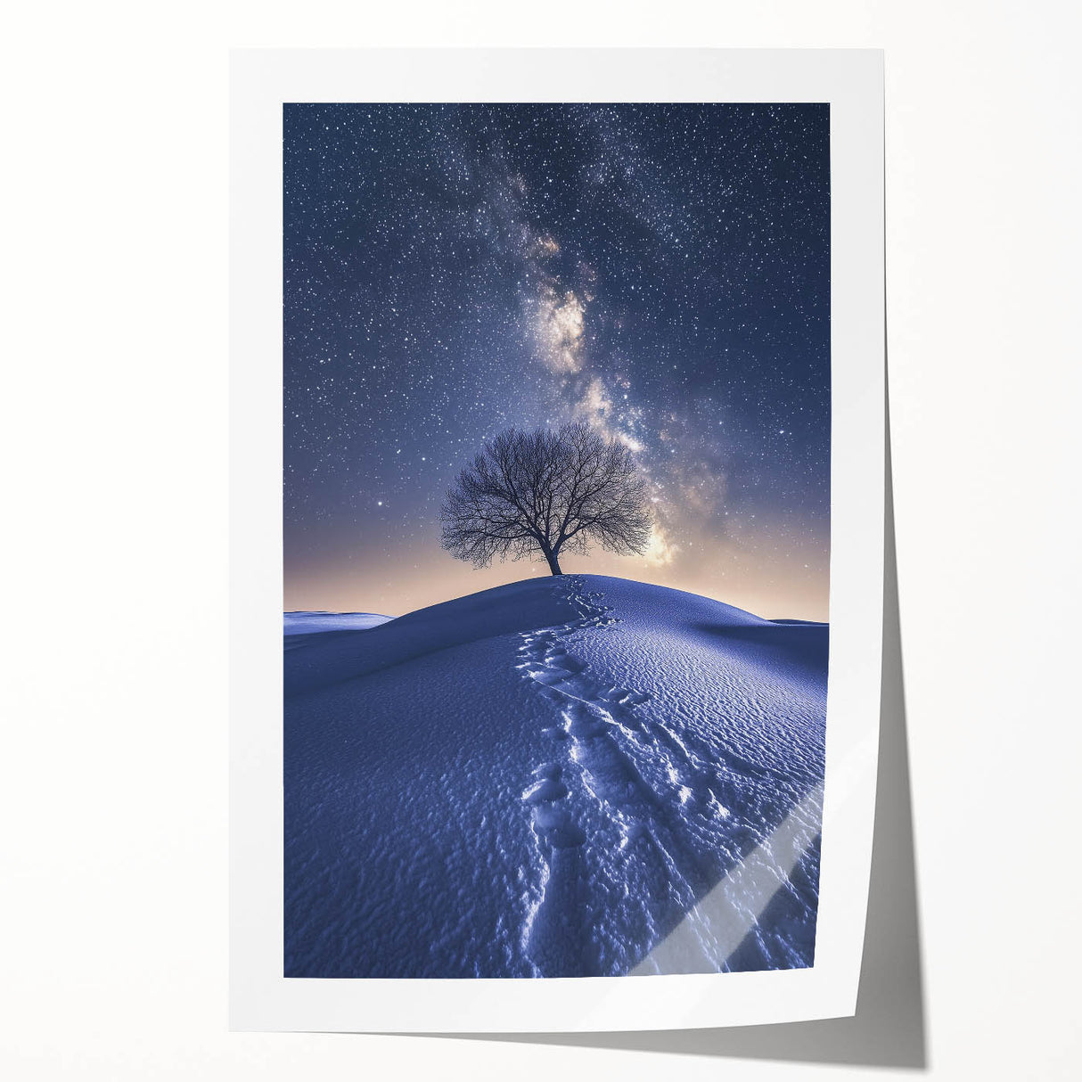 Desert landscape rolled canvas print showcasing vibrant hues of orange and yellow, depicting a serene sunset over sand dunes, beautifully packaged for display.