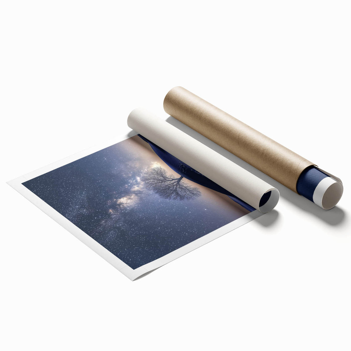 Desert landscape rolled print showcasing vibrant hues of orange and yellow, capturing a serene sunset over sand dunes, packaged securely in a protective tube.