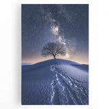 Vibrant stretched canvas artwork depicting a serene desert landscape at sunset, featuring warm hues of orange and purple, perfect for home decor or office spaces.