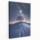 Desert landscape stretched canvas artwork showcasing warm hues of orange and yellow, depicting rolling dunes under a vibrant blue sky, ideal for modern home decor.