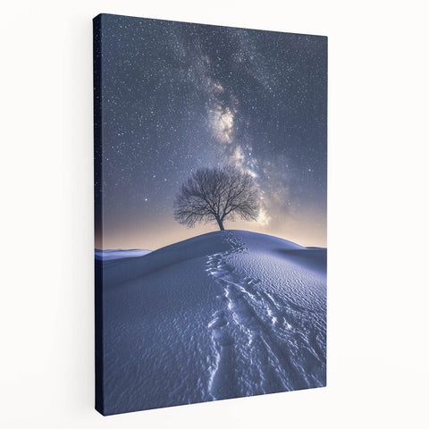 Desert landscape stretched canvas artwork showcasing warm hues of orange and yellow, depicting rolling dunes under a vibrant blue sky, ideal for modern home decor.