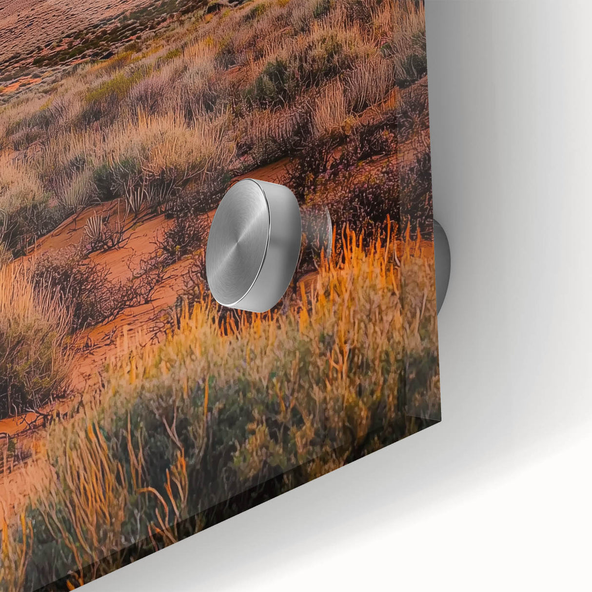 Close-up of a vibrant acrylic landscape artwork showcasing rolling sand dunes in warm hues, emphasizing texture and detail for an immersive viewing experience.