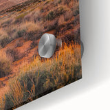 Close-up of a vibrant acrylic landscape artwork showcasing rolling sand dunes in warm hues, emphasizing texture and detail for an immersive viewing experience.