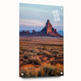 Acrylic glass print showcasing a stunning desert landscape with golden dunes, captured from the side view, featuring sleek pins for display. Ideal for modern home decor.