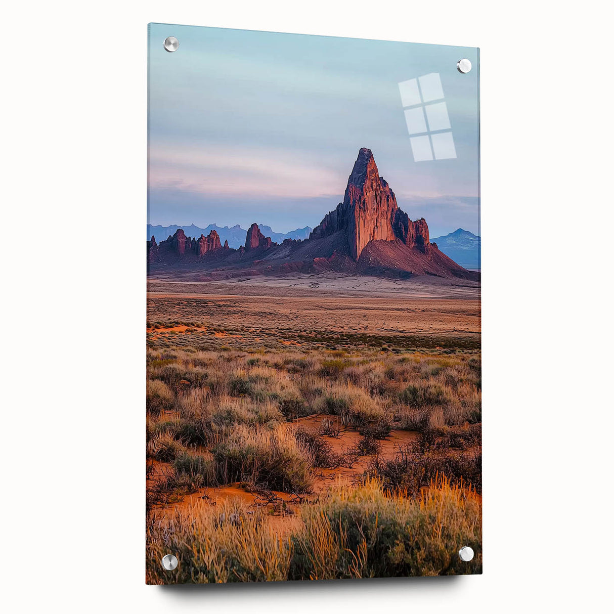 Acrylic glass print showcasing a stunning desert landscape with golden dunes, captured from the side view, featuring sleek pins for display. Ideal for modern home decor.