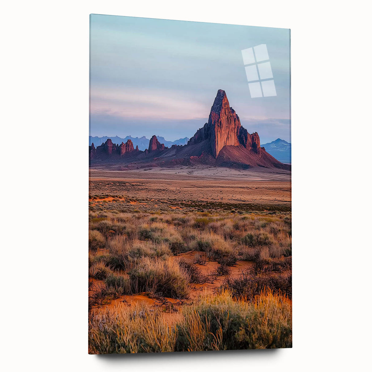 Side view of a modern acrylic glass artwork showcasing vibrant desert dunes, highlighting its sleek design without visible pins, perfect for contemporary decor.
